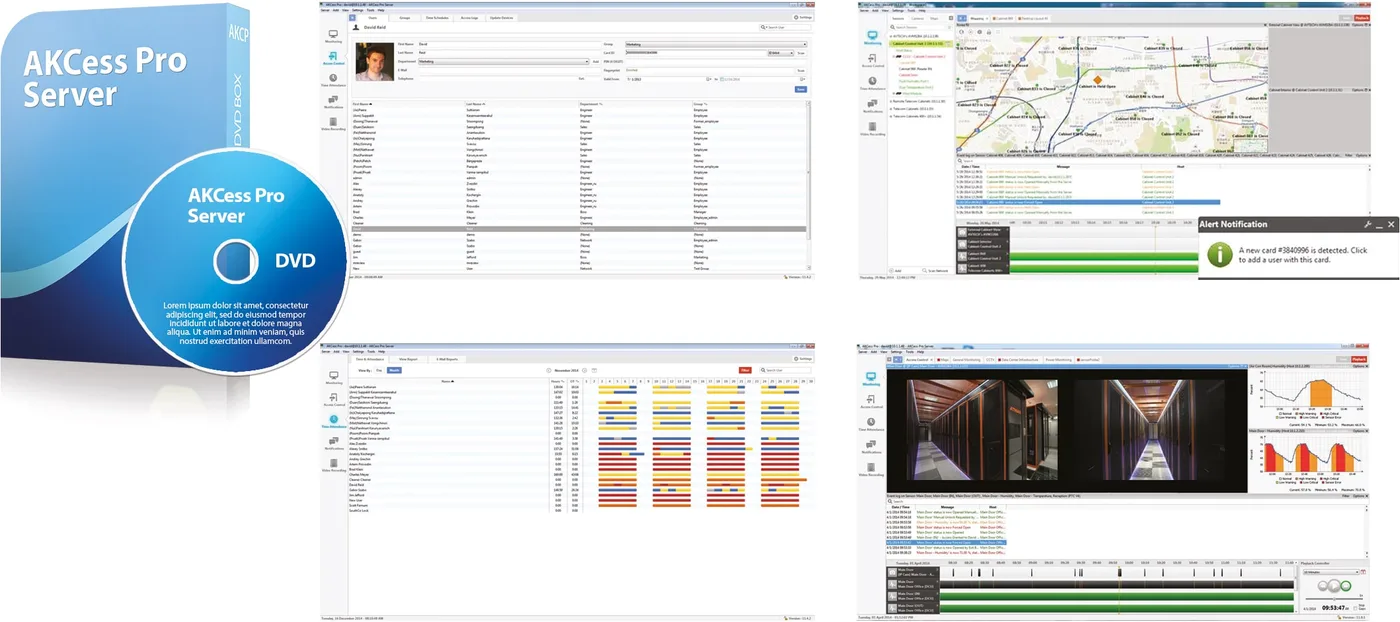 AKCess Pro Server Screenshots: Benutzerverwaltung, Karten, Zeiterfassung, Videoaufzeichnung