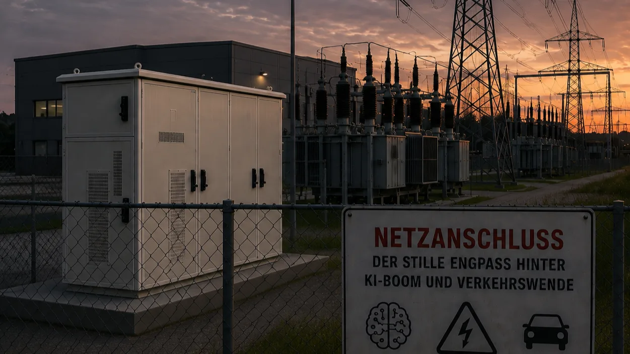 Outdoorgehäuse am Umspannwerk bei Sonnenuntergang — Netzanschluss als Engpass für KI-Rechenzentren und Ladeinfrastruktur