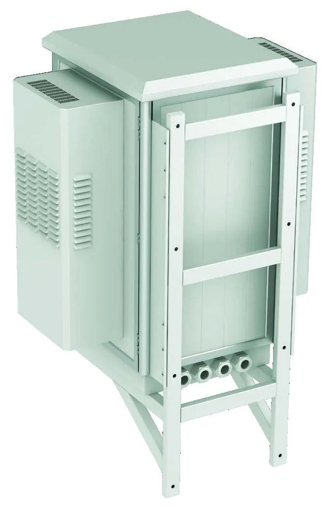 Outdoor enclosure with side-mounted CVO air conditioner in field use