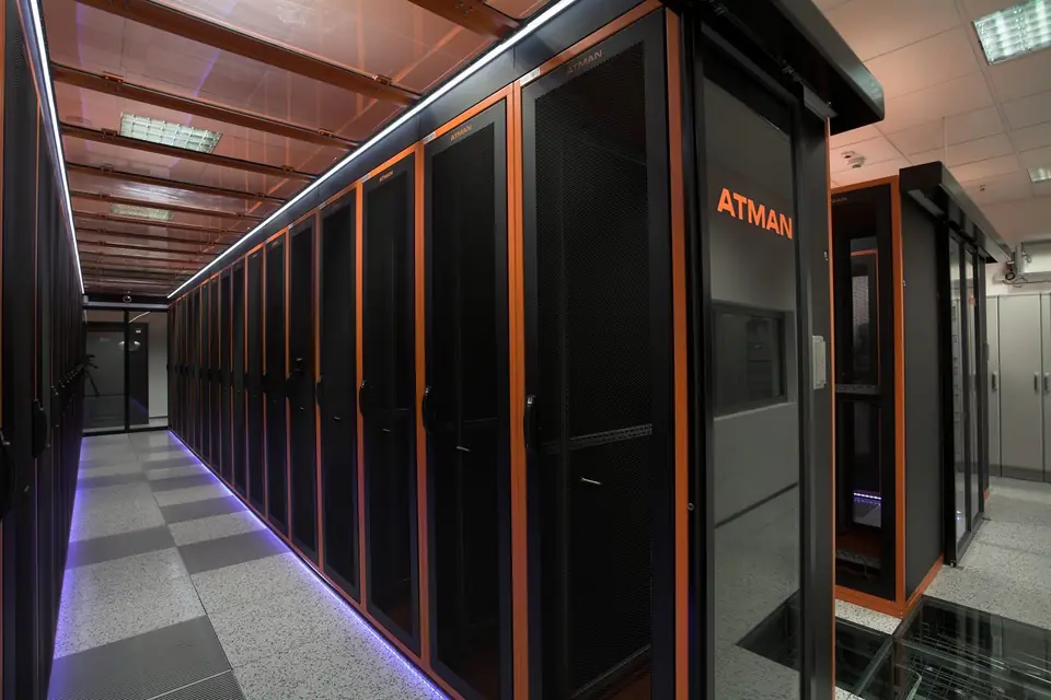 Rack row with glass doors and coloured frame profiles