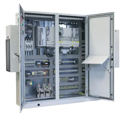 ZPAS double-door electrical enclosure, fully wired with PLC control and power components