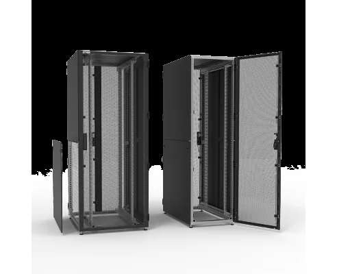 ZPAS Z-SERVER Serverschränke in Schwarz – geschlossen und mit geöffneter perforierter Tür