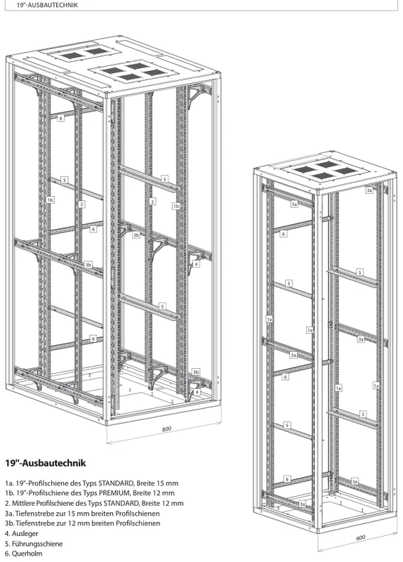Schema der ZPAS 19-Zoll-Ausbautechnik mit Profilschienen, Tiefenstreben und Auslegern