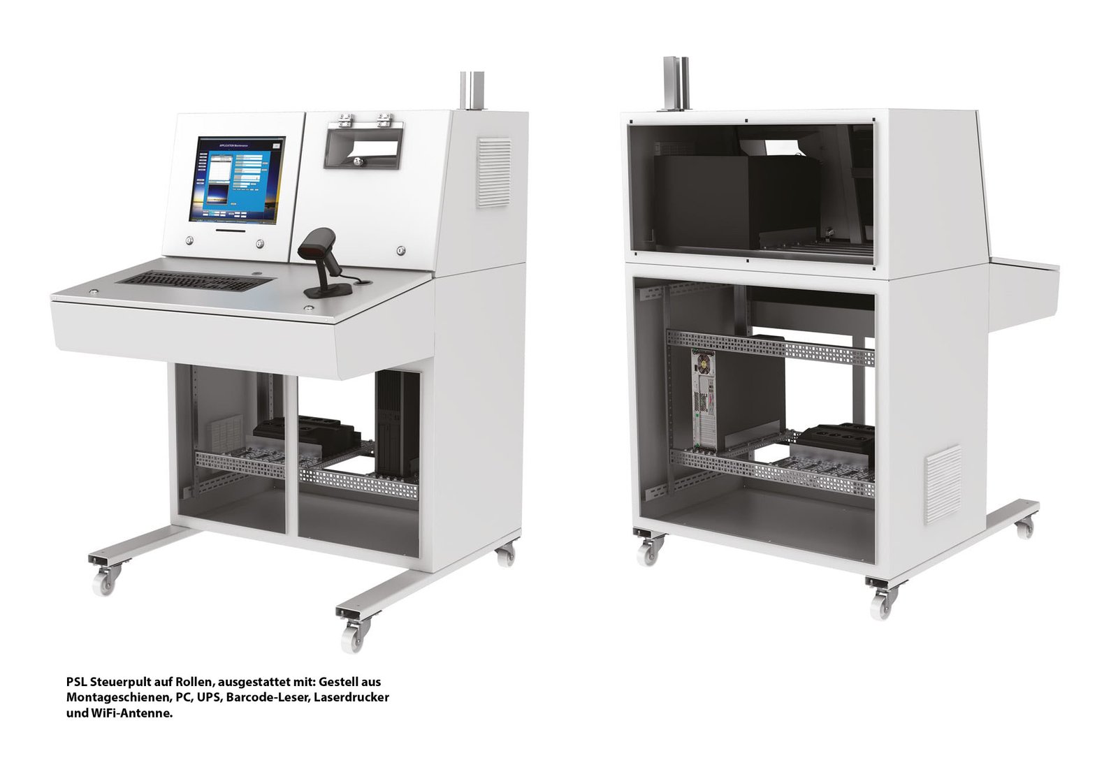 ZPAS Steuerpult PSL auf Rollen mit PC, USV, Barcode-Leser, Laserdrucker und WLAN-Antenne