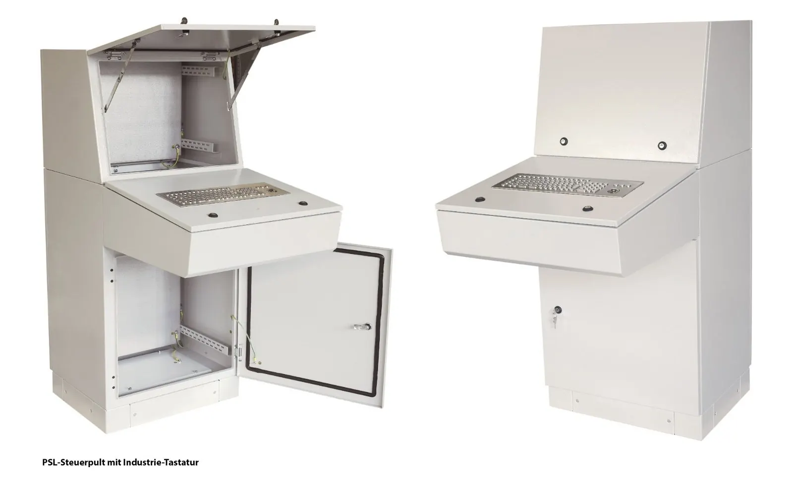 ZPAS PSL control desk with industrial keyboard, open upper section and base cabinet door